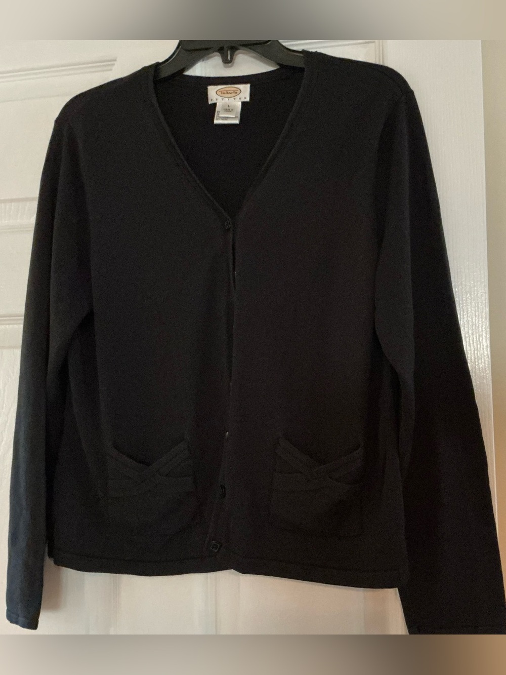 Talbots Black V-Neck Button Front Cardigan with Patch Pockets